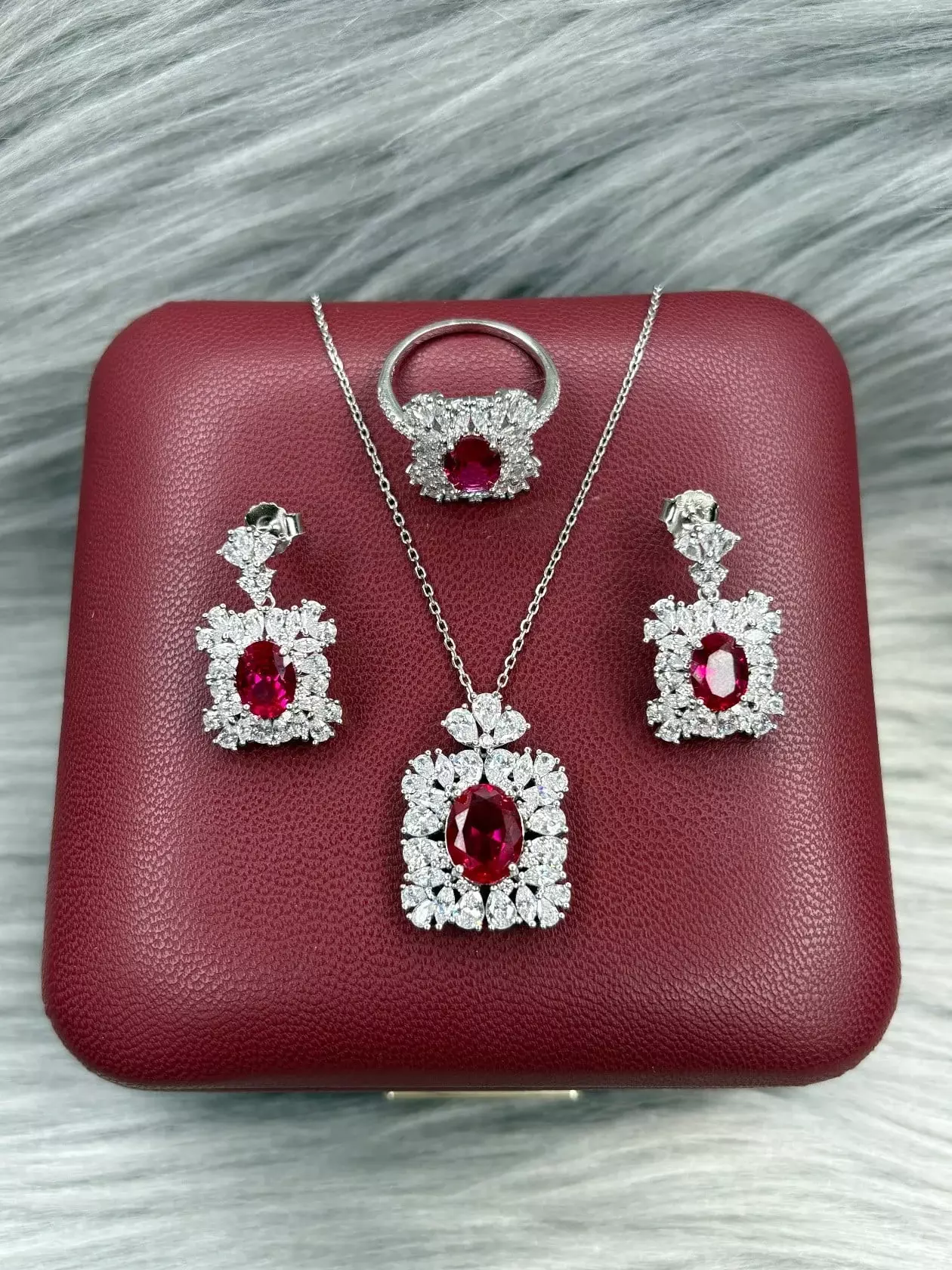 Gümüş dəst 925 əyar zirkon qaşlı Nar rəngli, 14.8gr, GB_CD9524