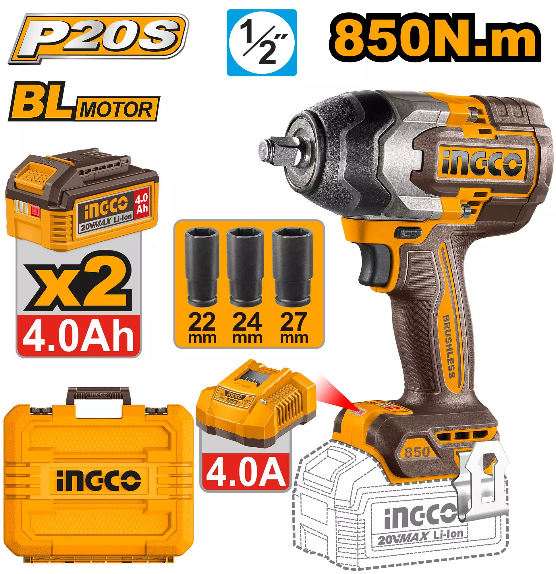 INGCO Akkumulyatorlu zərbəli qaykavərən, 20 V, 1/2″, 850 Nm (Brushless), CIWLI2085