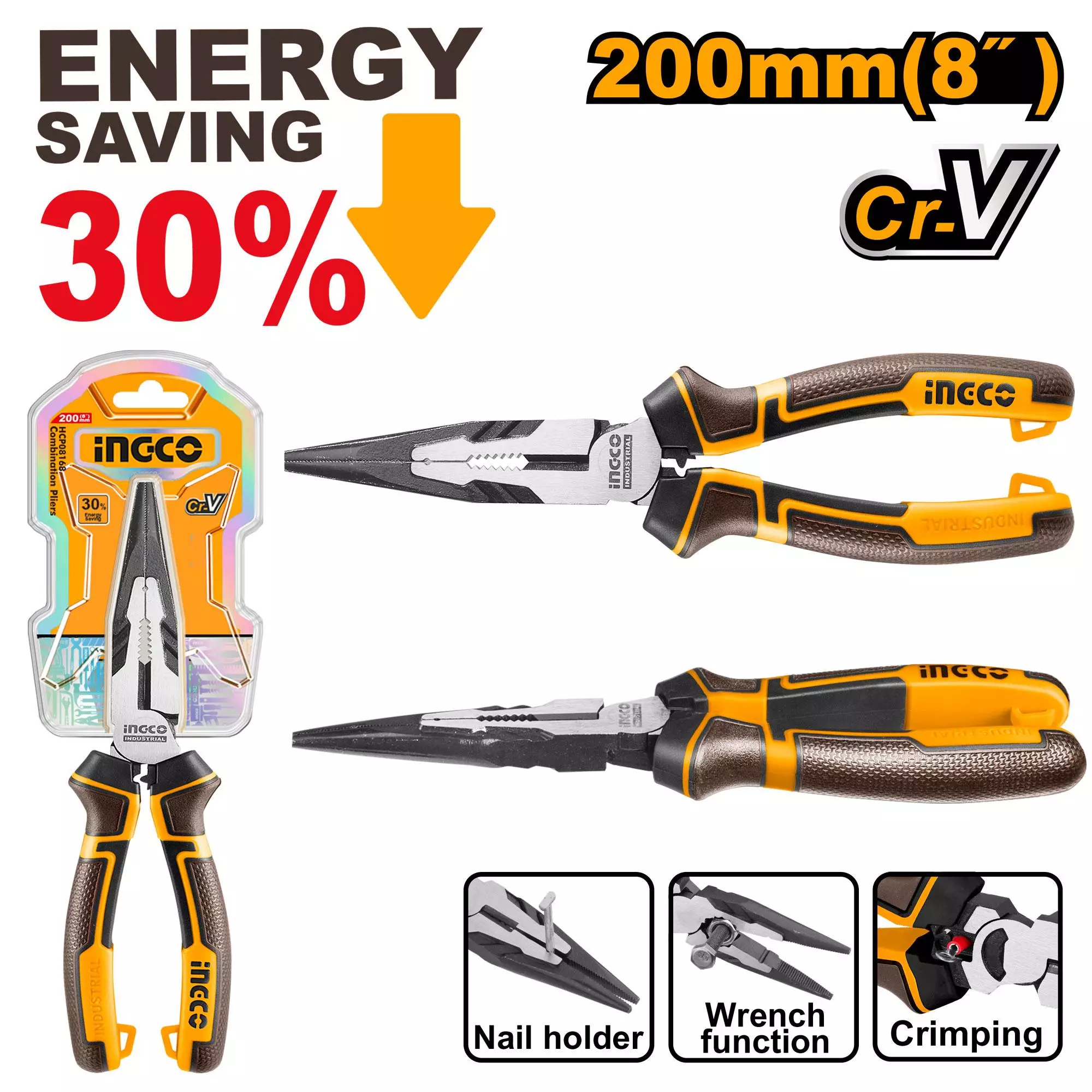 INGCO Uzunburun Kəlbətin Yüksək Ötürücülüklü Cr-V, 8" / 200mm, HHLNP28200