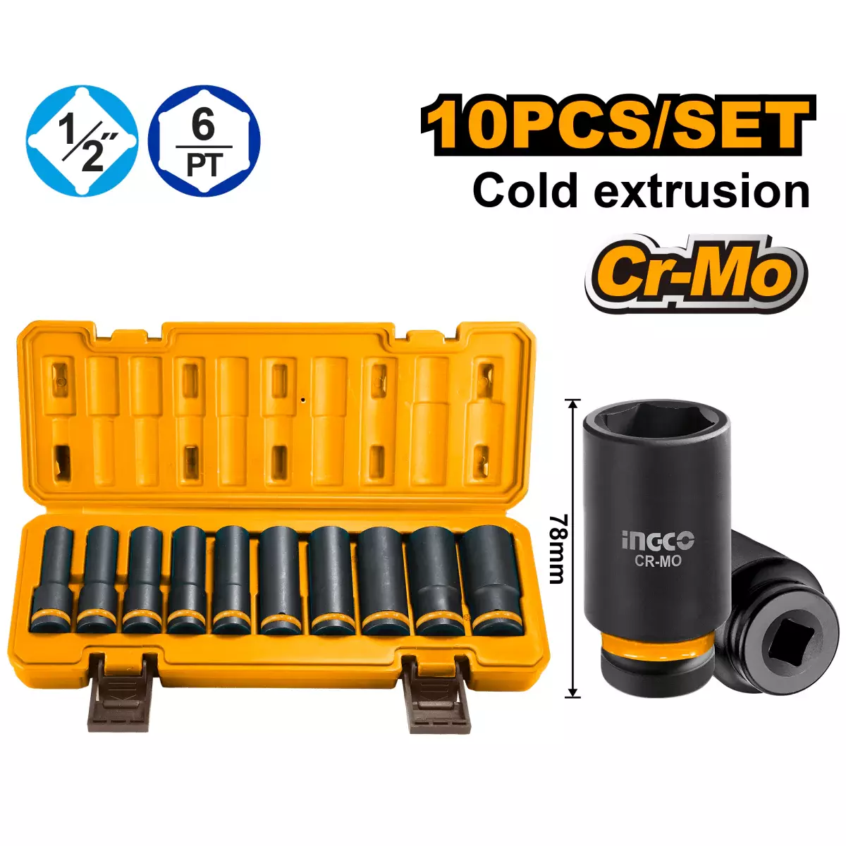INGCO Dərin Zərbə Başlıq Dəsti Cr-Mo, 1/2", 10 əd, HKISSD12102L